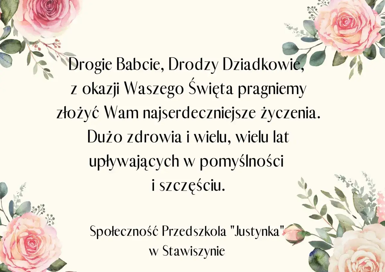 Wzruszające życzenia świąteczne dla babci i dziadka od przedszkolaków. Różane ozdoby dodają ciepła.
