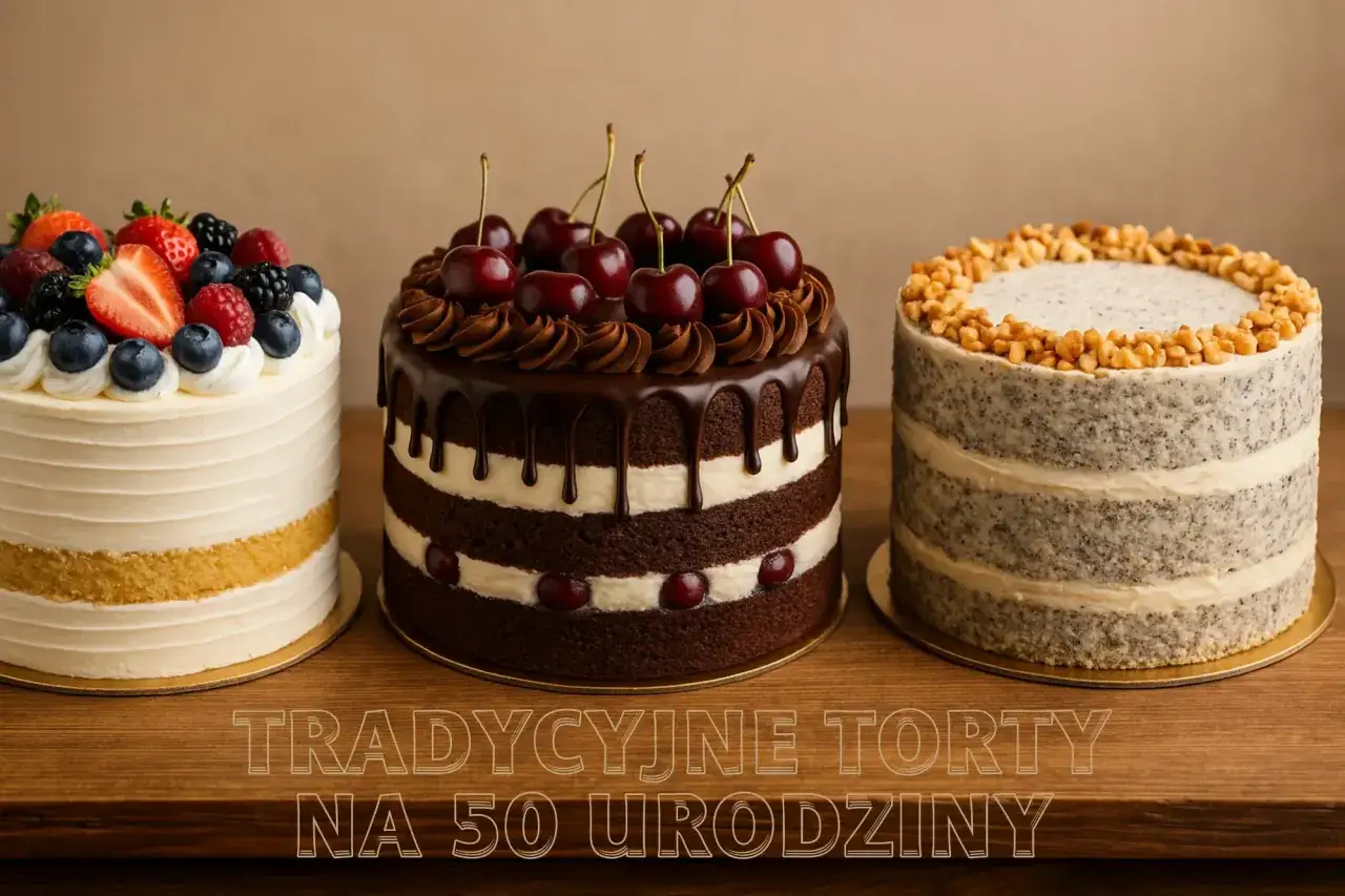 Trzy torty: owocowy, czekoladowy z wiśniami i orzechowy. Idealne życzenia na 50 urodziny!