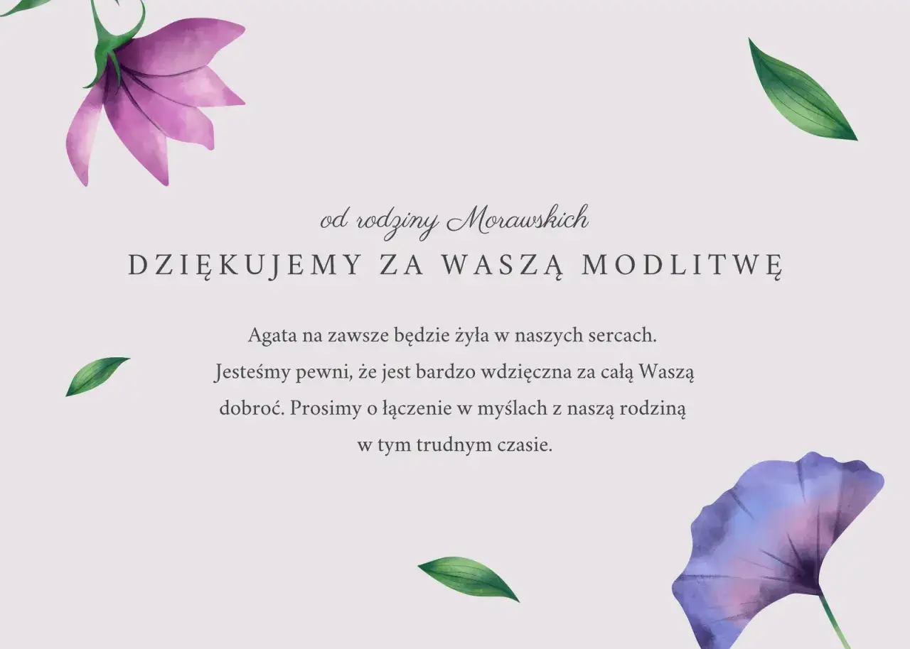 Wzór podziękowania za udział w pogrzebie od rodziny Morawskich. Dziękujemy za modlitwę i wsparcie w trudnym czasie.