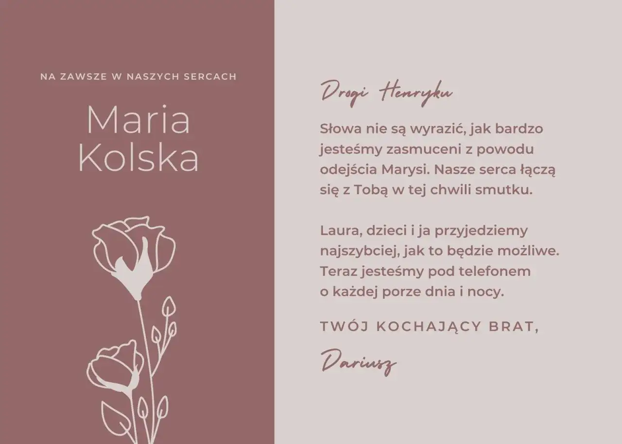 Karta z kondolencjami dla Henryka z powodu nieobecności na pogrzebie Marysi. Podpisano 