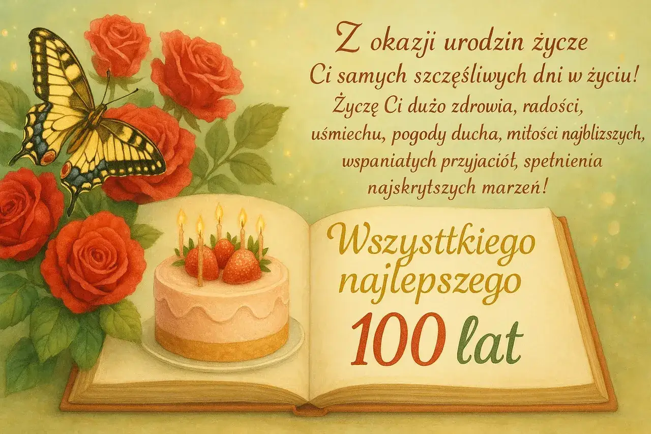 Eleganckie życzenia urodzinowe: motyl, róże i tort ze świeczkami na otwartej księdze. Sto lat!