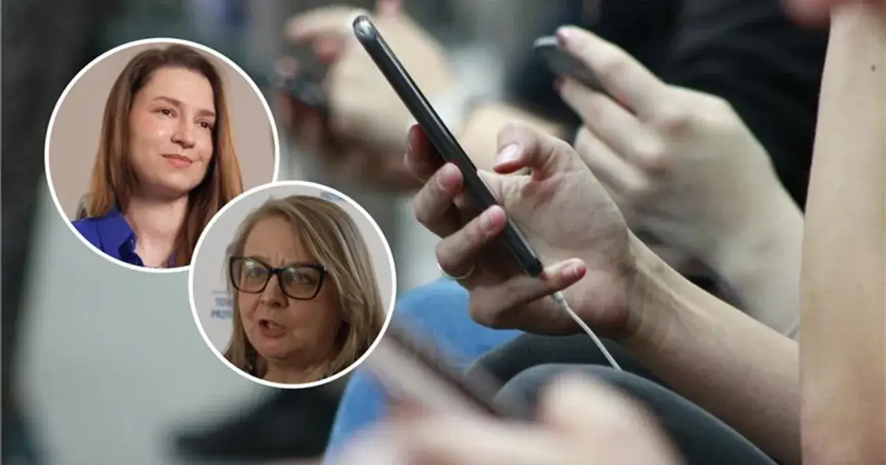 Dwie kobiety w okręgach, jedna z nich mówi, druga słucha. W tle dłonie trzymające telefony. Poradnik: jak złożyć kondolencje przez telefon.
