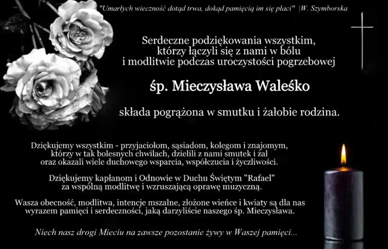 Wzruszająca mowa pożegnalna dla taty Mieczysława. Czarno-białe róże i płonąca świeca symbolizują pamięć i żal.