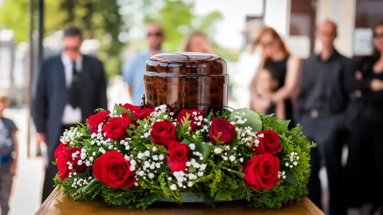 Czerwone róże i gipsówka otaczają urnę. Takie kwiaty na pogrzebie starszej osoby symbolizują miłość i pamięć.